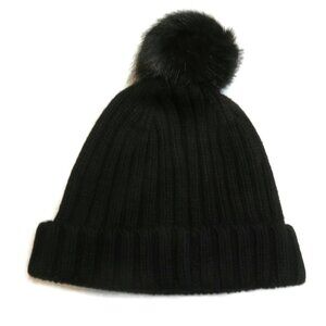 J Crew Ribbed Pom‎ Pom Wool Blend Beanie w/ Faux Fur Black New Winter Hat NWT